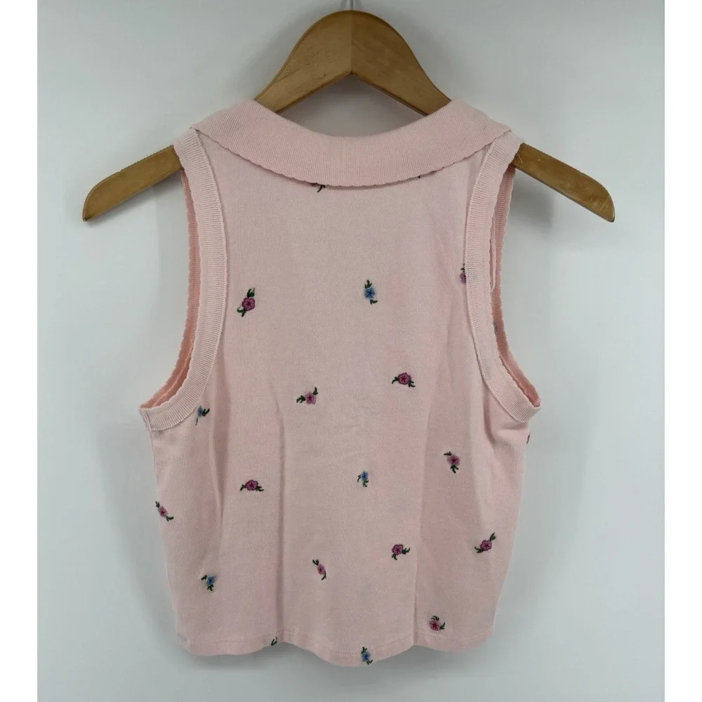 Free People Pink Pepper Knit Polo Sz S Embroidered Floral Preppy $90